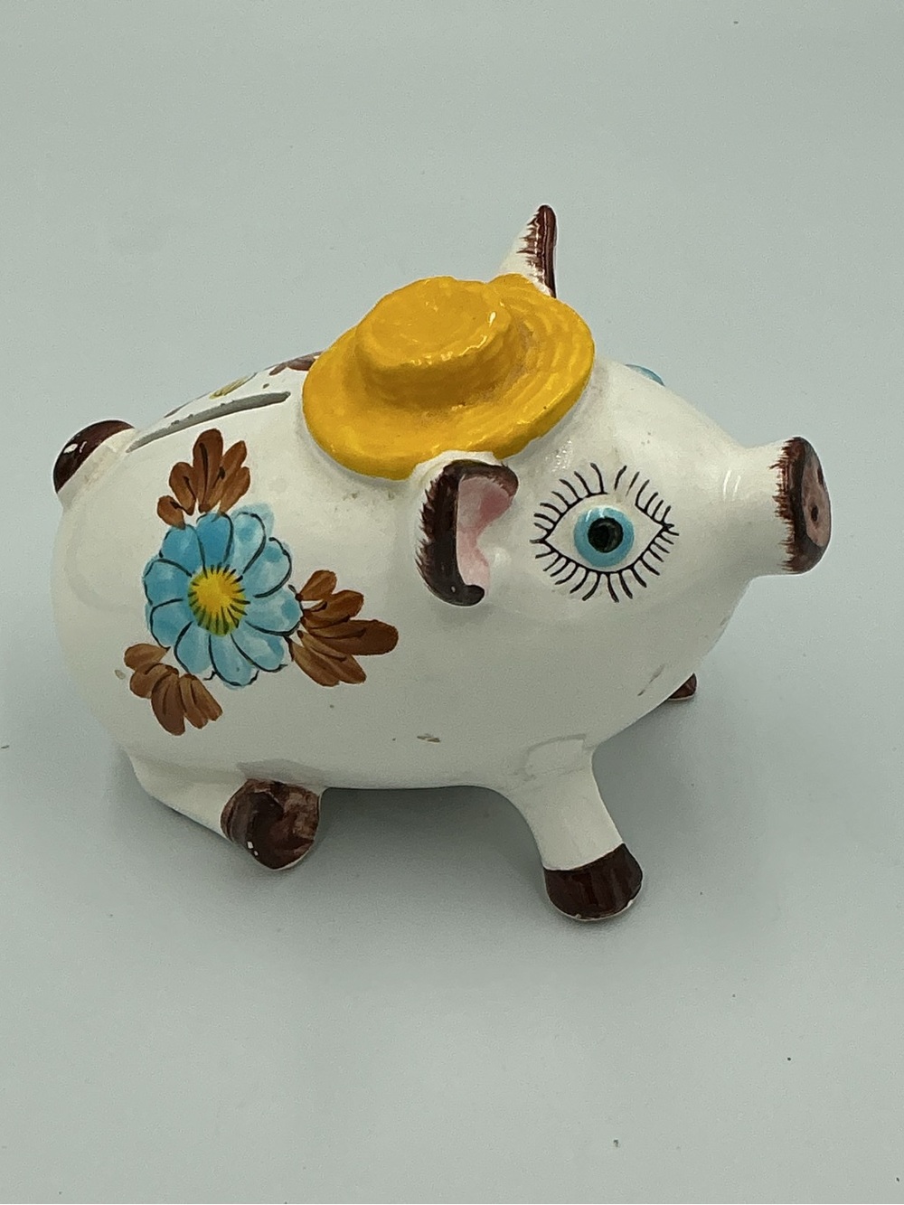 Vintage Enesco Piggy Bank 1985 Bisque Ceramic Bank w/o Stopper White/Multicolor